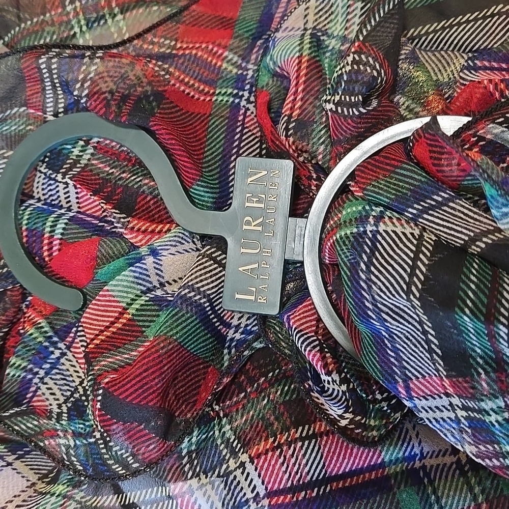 Lauren Ralph Lauren Ruffled Holiday Plaid Oblong Scarf Silk NWT - Picture 8 of 11